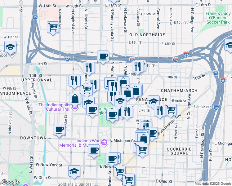 map of restaurants, bars, coffee shops, grocery stores, and more near 821 North Pennsylvania Street in Indianapolis