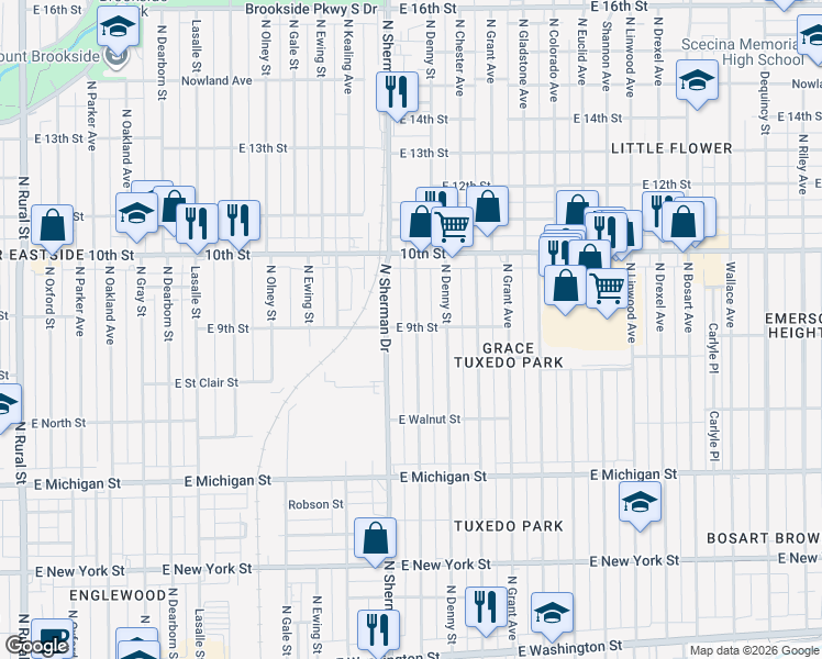 map of restaurants, bars, coffee shops, grocery stores, and more near 830 North Bradley Avenue in Indianapolis