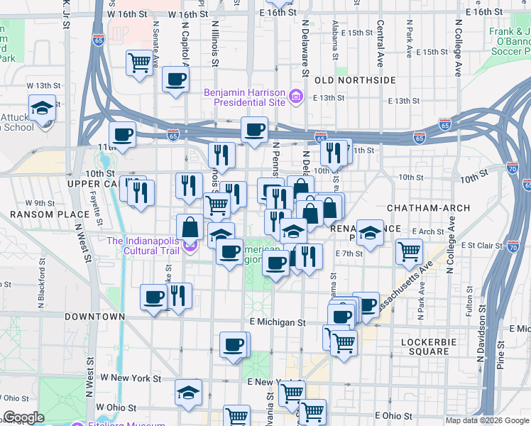 map of restaurants, bars, coffee shops, grocery stores, and more near 35 East 9th Street in Indianapolis