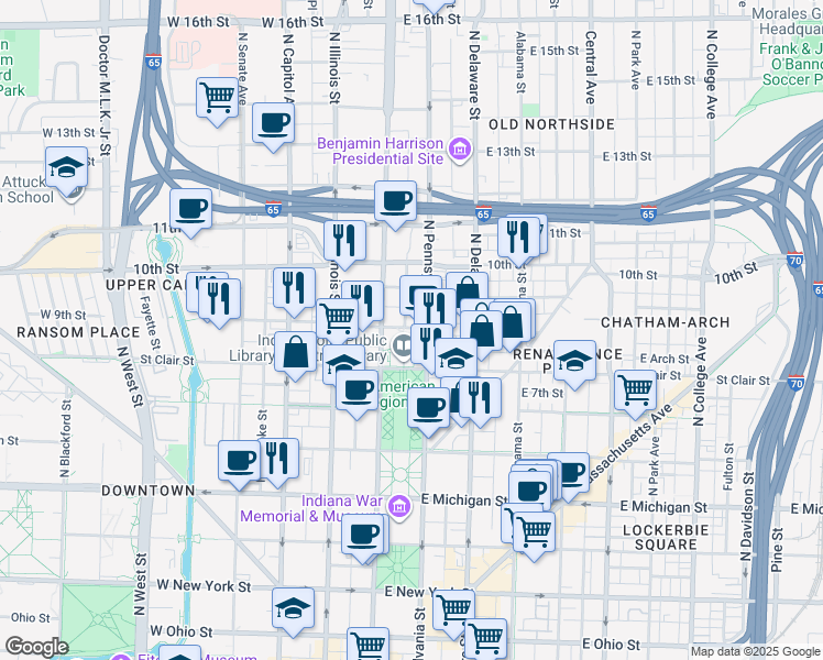 map of restaurants, bars, coffee shops, grocery stores, and more near 40 East Saint Clair Street in Indianapolis