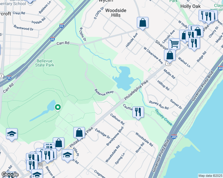 map of restaurants, bars, coffee shops, grocery stores, and more near 100 Bellevue Parkway in Wilmington