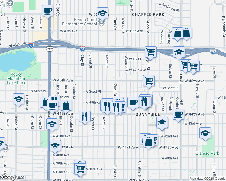 map of restaurants, bars, coffee shops, grocery stores, and more near 4561 Zuni Street in Denver