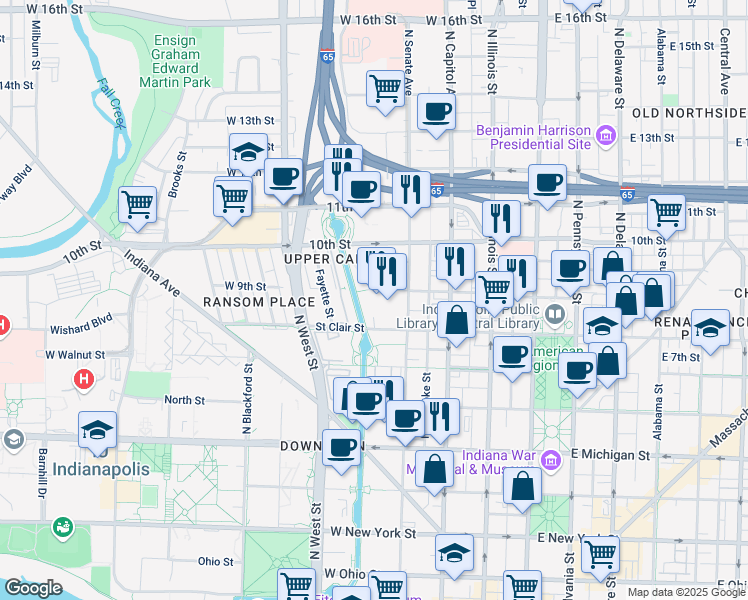map of restaurants, bars, coffee shops, grocery stores, and more near 335 West 9th Street in Indianapolis