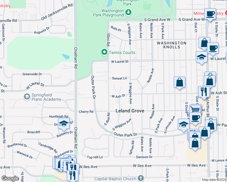 map of restaurants, bars, coffee shops, grocery stores, and more near 1752-1898 W Ash St in Leland Grove
