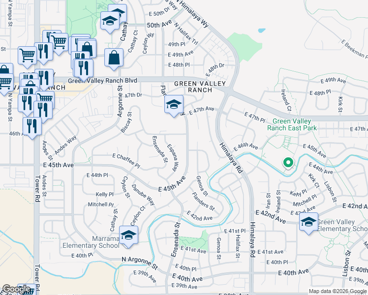 map of restaurants, bars, coffee shops, grocery stores, and more near 4554 Espana Way in Denver