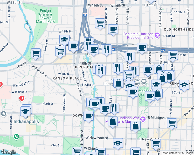 map of restaurants, bars, coffee shops, grocery stores, and more near 335 West 9th Street in Indianapolis