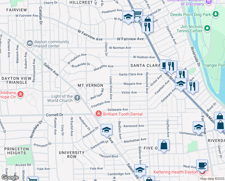 map of restaurants, bars, coffee shops, grocery stores, and more near 265 Victor Avenue in Dayton
