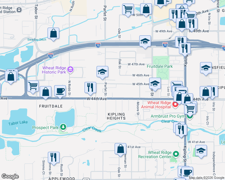 map of restaurants, bars, coffee shops, grocery stores, and more near 10900 West 44th Place in Wheat Ridge
