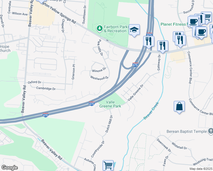 map of restaurants, bars, coffee shops, grocery stores, and more near 2270 Park Hills Drive in Fairborn