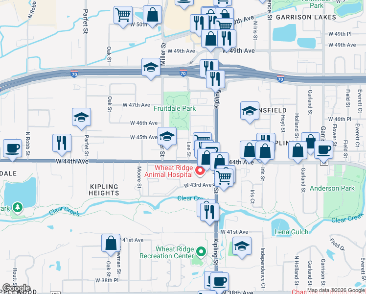 map of restaurants, bars, coffee shops, grocery stores, and more near 10 Lee Street in Wheat Ridge