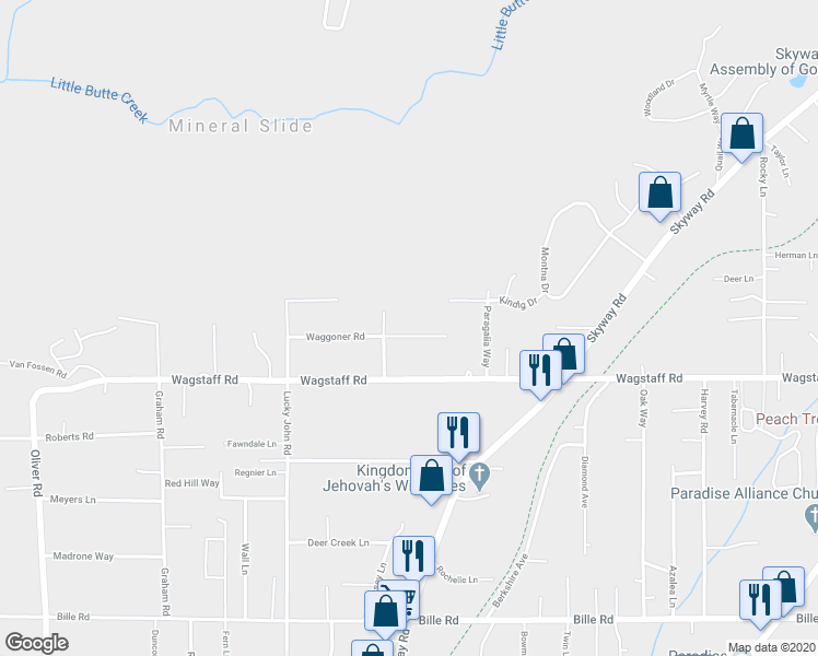 map of restaurants, bars, coffee shops, grocery stores, and more near 965 Waggoner Road in Paradise