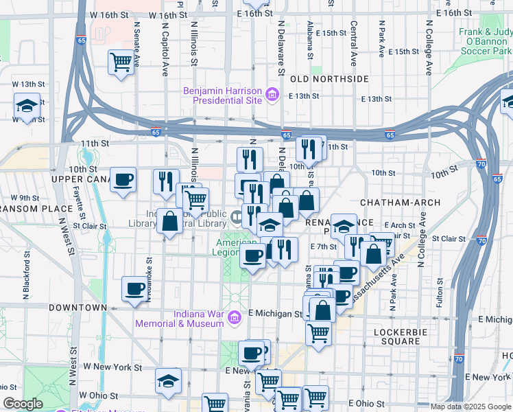 map of restaurants, bars, coffee shops, grocery stores, and more near 821 North Pennsylvania Street in Indianapolis