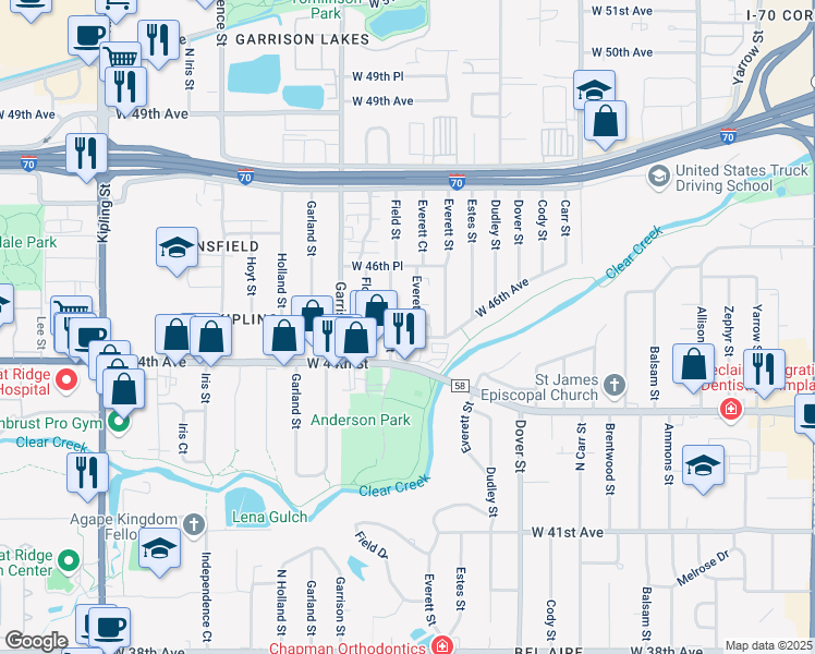 map of restaurants, bars, coffee shops, grocery stores, and more near 4509 Everett Court in Wheat Ridge
