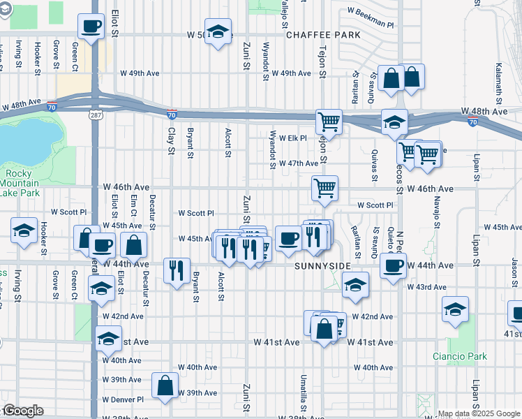 map of restaurants, bars, coffee shops, grocery stores, and more near 2325 West Scott Place in Denver