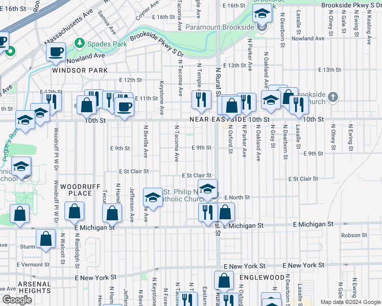map of restaurants, bars, coffee shops, grocery stores, and more near 850 North Temple Avenue in Indianapolis