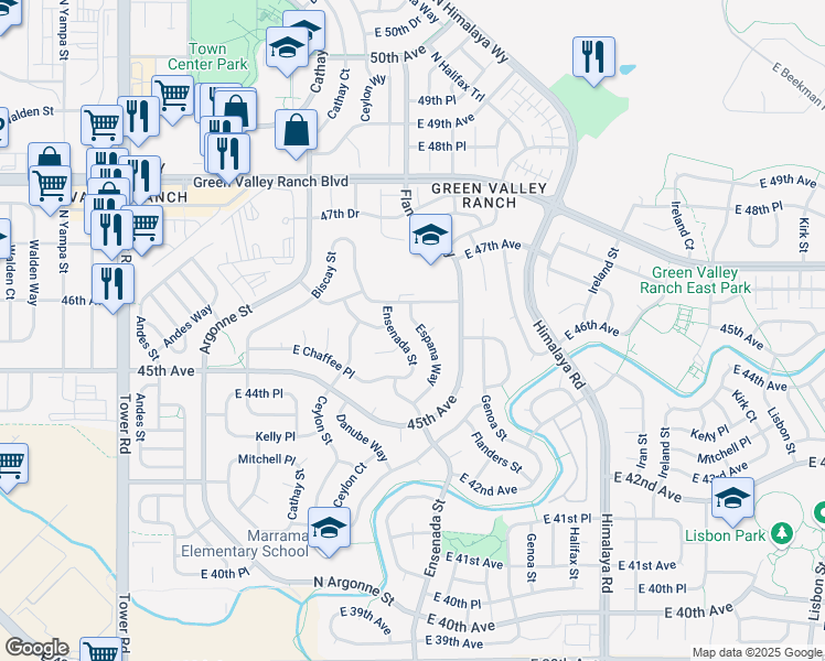 map of restaurants, bars, coffee shops, grocery stores, and more near 4549 Ensenada Street in Denver