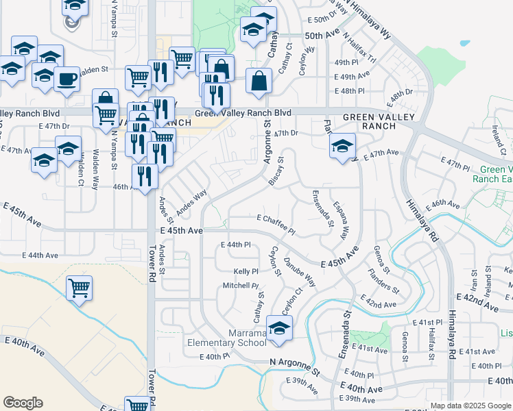 map of restaurants, bars, coffee shops, grocery stores, and more near 18940 East Chaffee Place in Denver