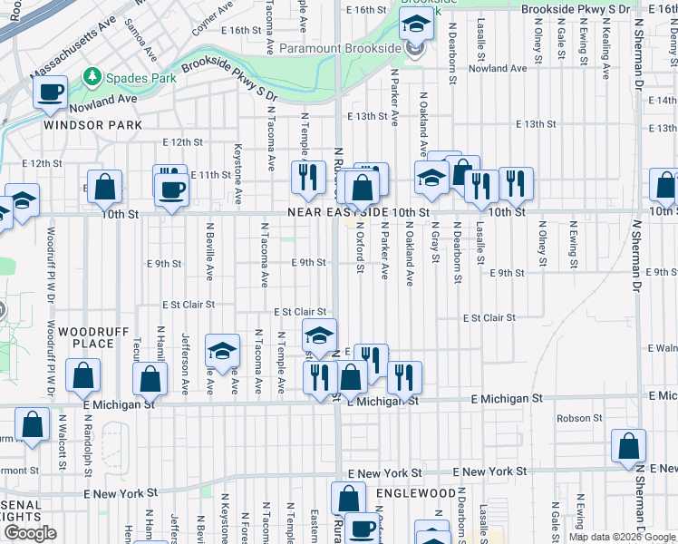 map of restaurants, bars, coffee shops, grocery stores, and more near 821 North Rural Street in Indianapolis