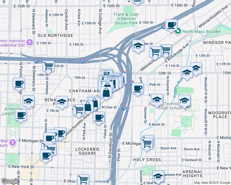 map of restaurants, bars, coffee shops, grocery stores, and more near 875 Massachusetts Avenue in Indianapolis
