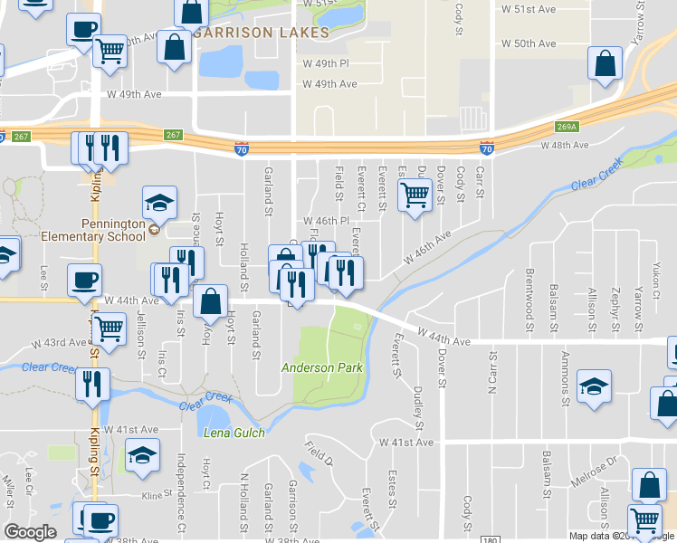 map of restaurants, bars, coffee shops, grocery stores, and more near 8995 West 44th Avenue in Wheat Ridge
