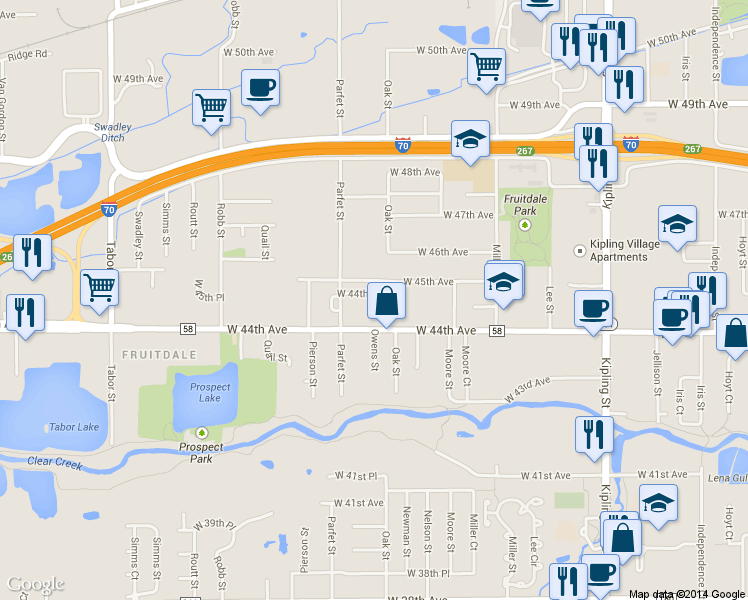 map of restaurants, bars, coffee shops, grocery stores, and more near 10913 West 44th Avenue in Wheat Ridge