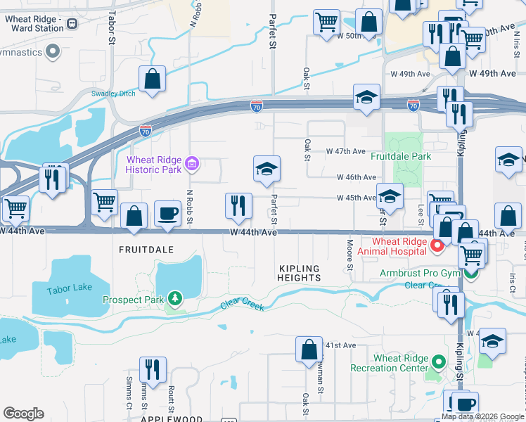 map of restaurants, bars, coffee shops, grocery stores, and more near 11049 West 44th Avenue in Wheat Ridge
