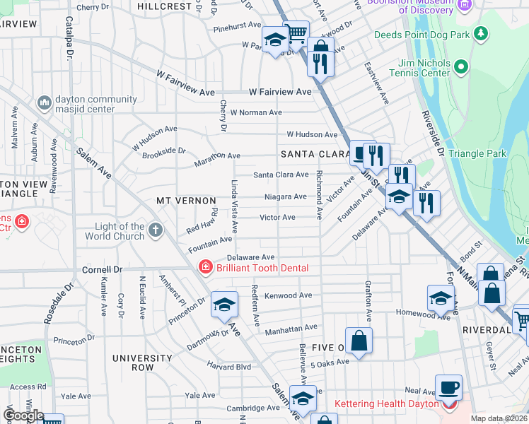 map of restaurants, bars, coffee shops, grocery stores, and more near 240 Victor Avenue in Dayton