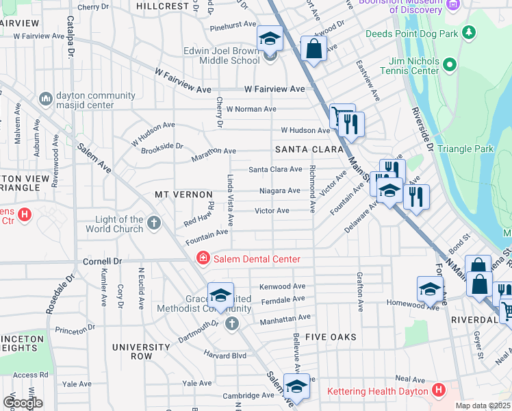 map of restaurants, bars, coffee shops, grocery stores, and more near 240 Victor Avenue in Dayton