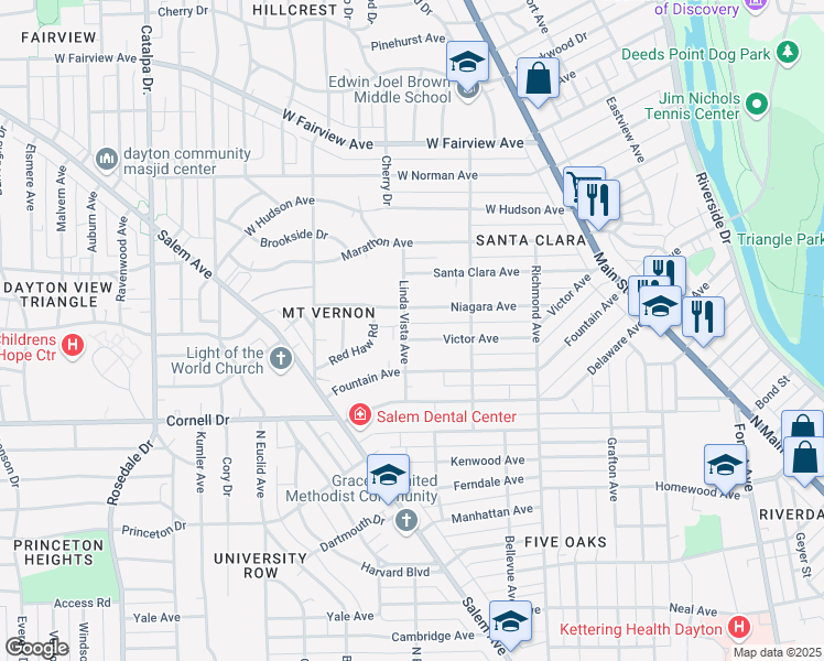 map of restaurants, bars, coffee shops, grocery stores, and more near 1119 Linda Vista Avenue in Dayton