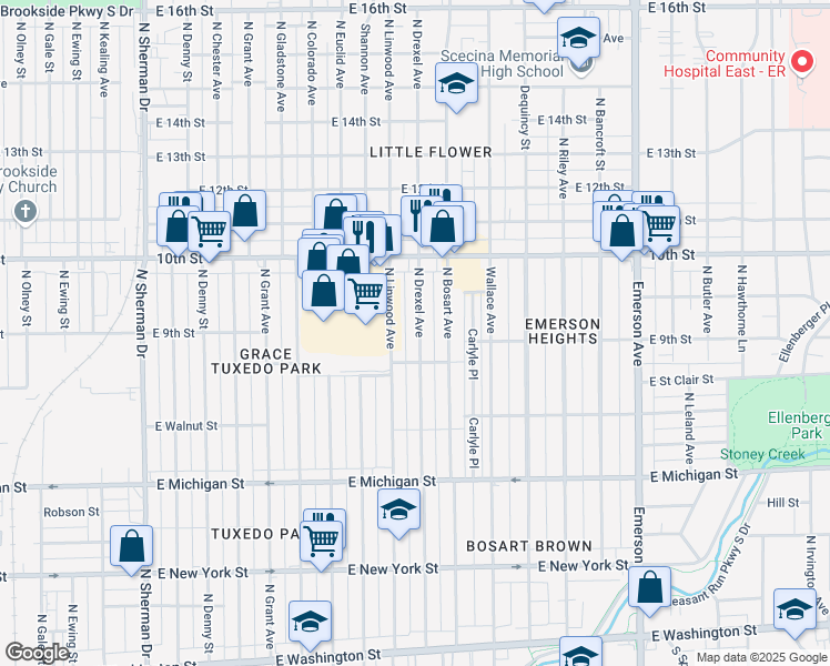 map of restaurants, bars, coffee shops, grocery stores, and more near 837 North Linwood Avenue in Indianapolis