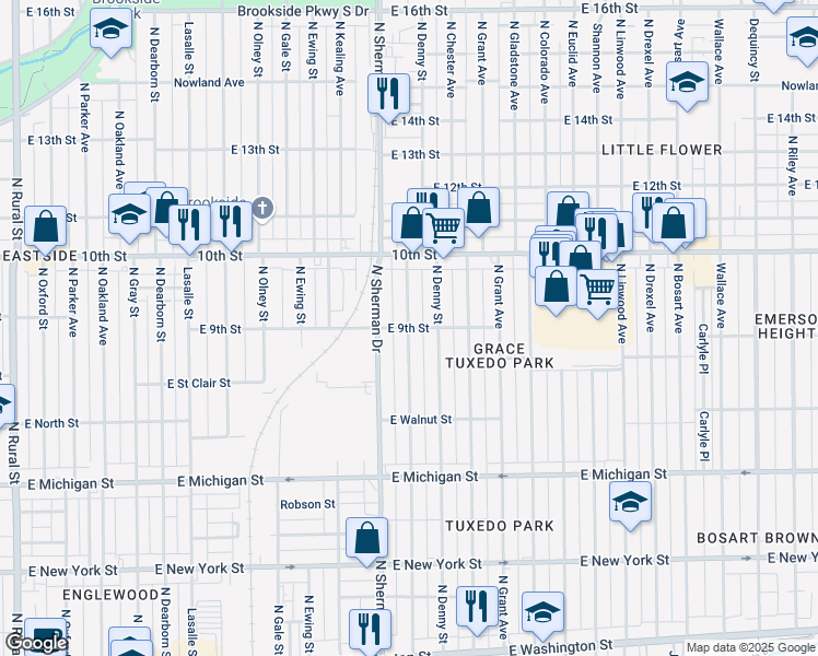 map of restaurants, bars, coffee shops, grocery stores, and more near 830 North Bradley Avenue in Indianapolis