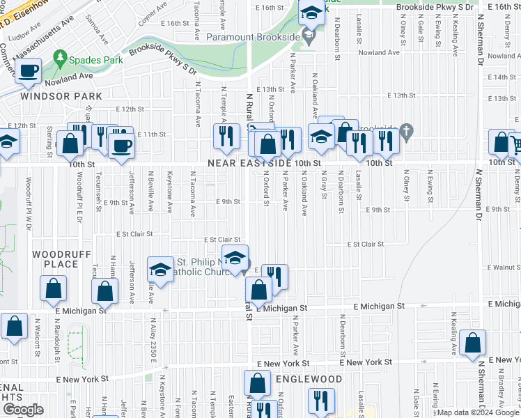 map of restaurants, bars, coffee shops, grocery stores, and more near 821 North Rural Street in Indianapolis
