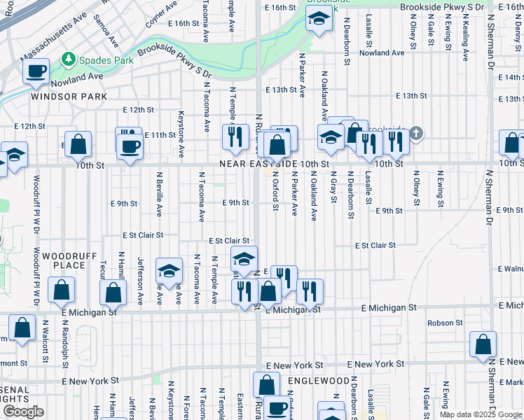 map of restaurants, bars, coffee shops, grocery stores, and more near 821 North Rural Street in Indianapolis