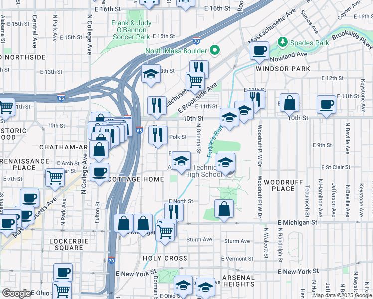 map of restaurants, bars, coffee shops, grocery stores, and more near 1301 East 9th Street in Indianapolis
