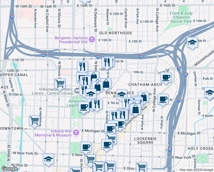 map of restaurants, bars, coffee shops, grocery stores, and more near 820n North Alabama Street in Indianapolis