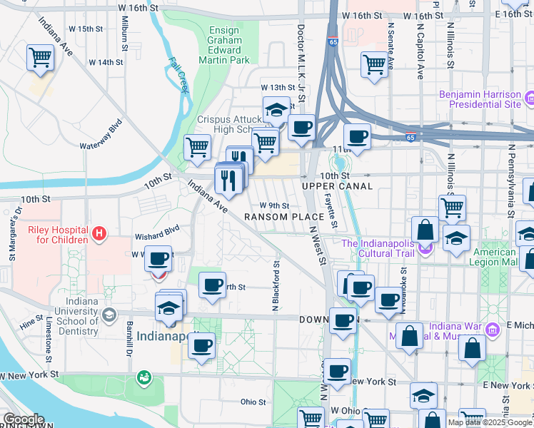 map of restaurants, bars, coffee shops, grocery stores, and more near 801 Paca Street in Indianapolis