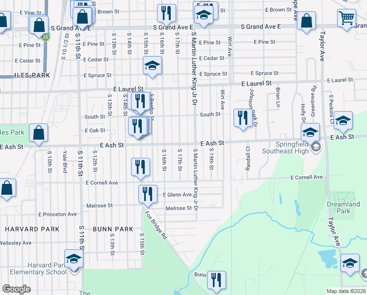 map of restaurants, bars, coffee shops, grocery stores, and more near 2127 South 17th Street in Springfield