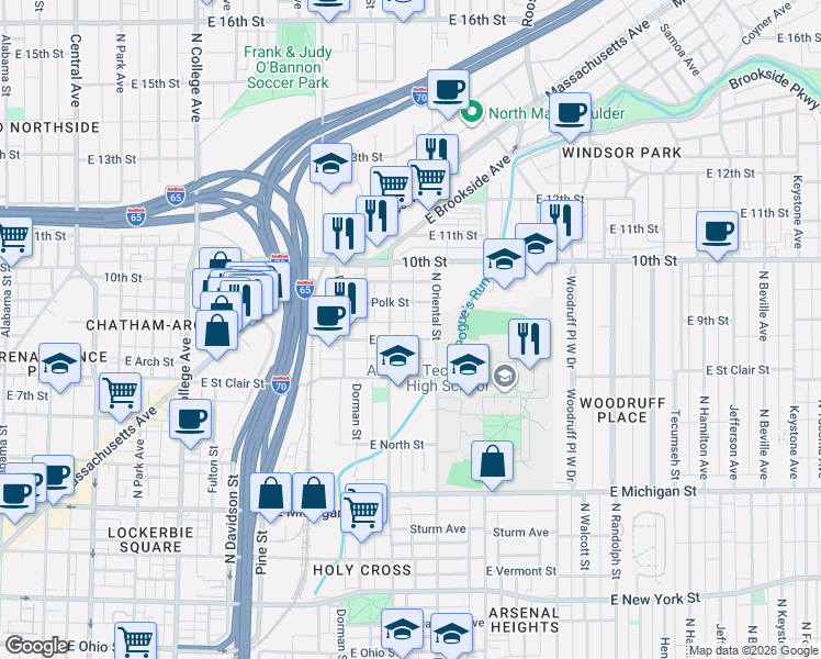 map of restaurants, bars, coffee shops, grocery stores, and more near 1301 East 9th Street in Indianapolis