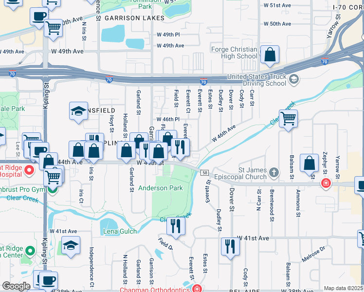 map of restaurants, bars, coffee shops, grocery stores, and more near 4511 Everett Court in Wheat Ridge
