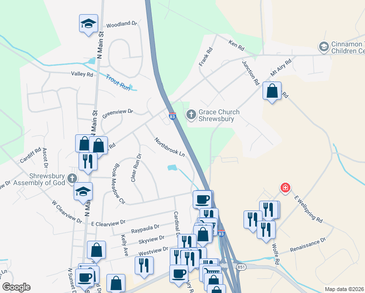 map of restaurants, bars, coffee shops, grocery stores, and more near 28 Northbrook Lane in Shrewsbury