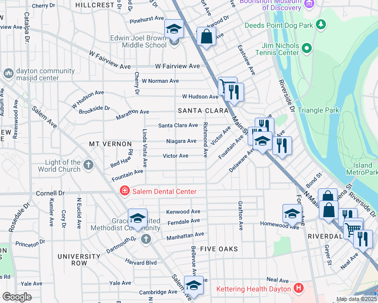 map of restaurants, bars, coffee shops, grocery stores, and more near 137 Victor Avenue in Dayton