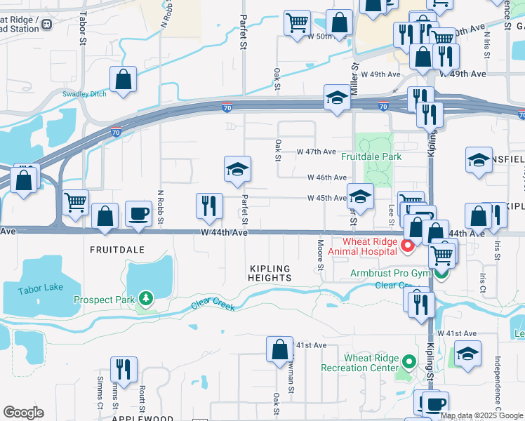 map of restaurants, bars, coffee shops, grocery stores, and more near 10913 West 44th Avenue in Wheat Ridge