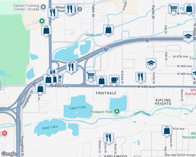 map of restaurants, bars, coffee shops, grocery stores, and more near in Wheat Ridge