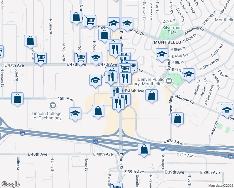 map of restaurants, bars, coffee shops, grocery stores, and more near 4601 Peoria Street in Denver