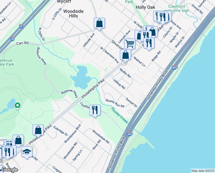 map of restaurants, bars, coffee shops, grocery stores, and more near 102 Sunset Drive in Wilmington