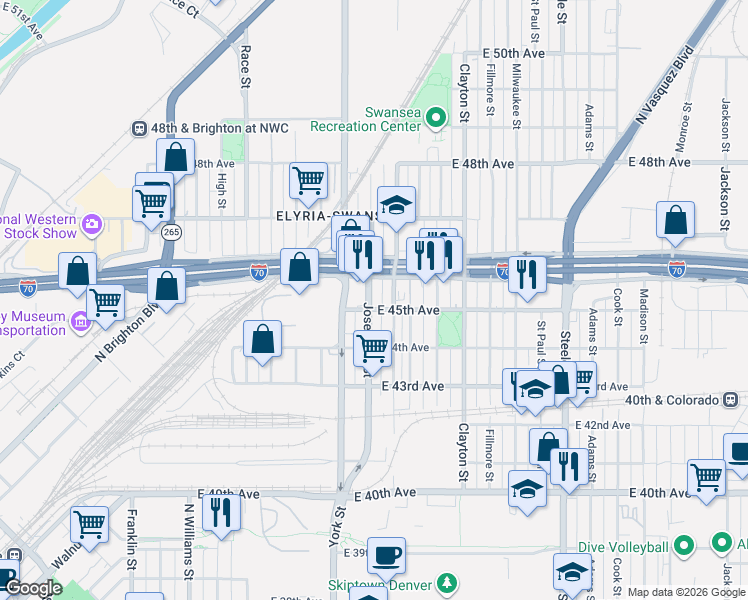 map of restaurants, bars, coffee shops, grocery stores, and more near 2400 East 46th Avenue in Denver