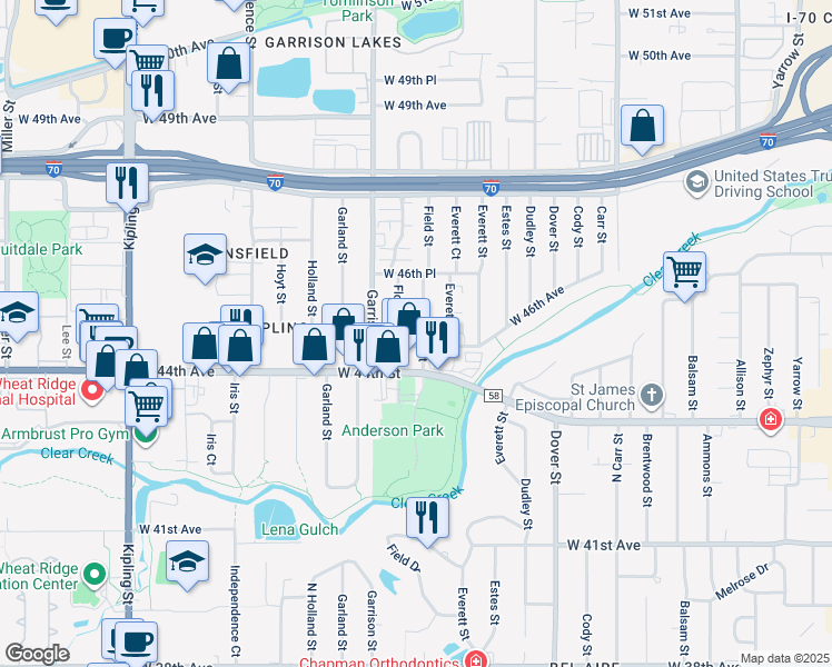 map of restaurants, bars, coffee shops, grocery stores, and more near 4519 Field Street in Wheat Ridge