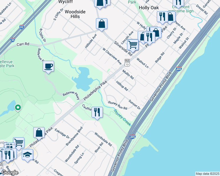 map of restaurants, bars, coffee shops, grocery stores, and more near 102 Sunset Drive in Wilmington