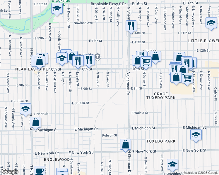 map of restaurants, bars, coffee shops, grocery stores, and more near 901 North Ewing Street in Indianapolis