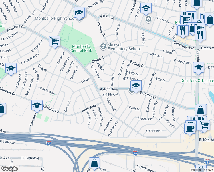 map of restaurants, bars, coffee shops, grocery stores, and more near 14563 East 47th Avenue in Denver
